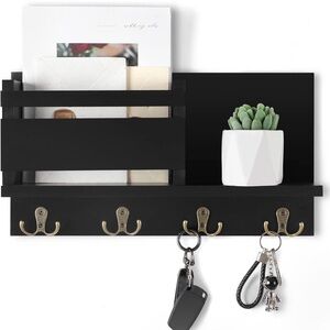 Mail/Key Wall Decorative Black Rustic, Wooden with 4 Key Hooks, Farmhouse Decor